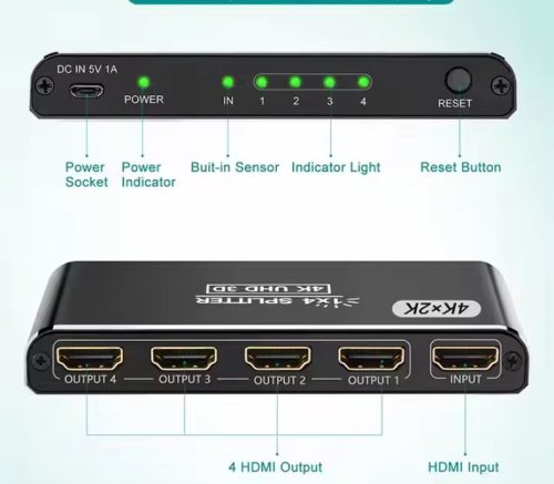 4K HDMI 1x4 elosztó 1 bemenet 4 HDMI kimenettel splitter tükröző