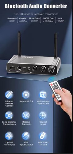 Bluetooth 5.4 2‑az‑1‑ben adó/vevő DAC adapter távirányítóval AUX, RCA, optika