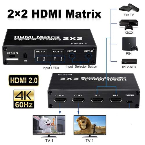 HDMI Matrix 2X2 HDMI Switch Splitter  4K60Hz távirányitóval 