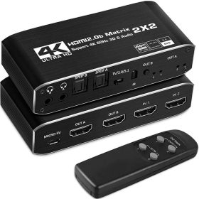   HDMI Matrix 2x2 4K@60Hz HDMI Matrix kapcsoló 2 az 2-ben kimenet infravörös távirányítóval HDMI 2.0b HDCP2.2 HDR10 Ultra HD 3D