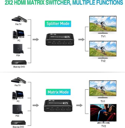 HDMI Matrix 2x2 4K@60Hz HDMI Matrix kapcsoló 2 az 2-ben kimenet infravörös távirányítóval HDMI 2.0b HDCP2.2 HDR10 Ultra HD 3D
