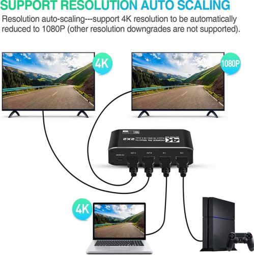 HDMI Matrix 2x2 4K@60Hz HDMI Matrix kapcsoló 2 az 2-ben kimenet infravörös távirányítóval HDMI 2.0b HDCP2.2 HDR10 Ultra HD 3D