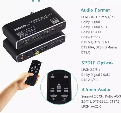 4K HDMI Switch 2 port 2 in 1 Out HDMI2.0b Switcher Audio Extractor eARC 7.1 CH optikai Toslink HDCP2.3 csatlakozóval