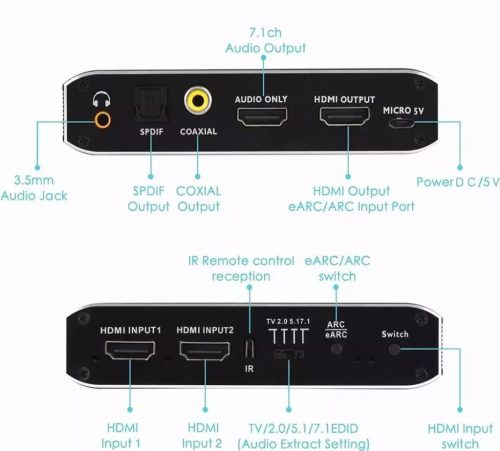 4K HDMI Switch 2 port 2 in 1 Out HDMI2.0b Switcher Audio Extractor eARC 7.1 CH optikai Toslink HDCP2.3 csatlakozóval